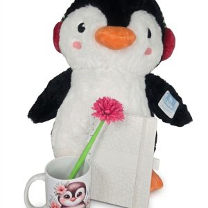 Pinguino 45 cm con taza y boligrafo flor